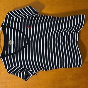Polo short sleeve shirt.  Black and white stripes.